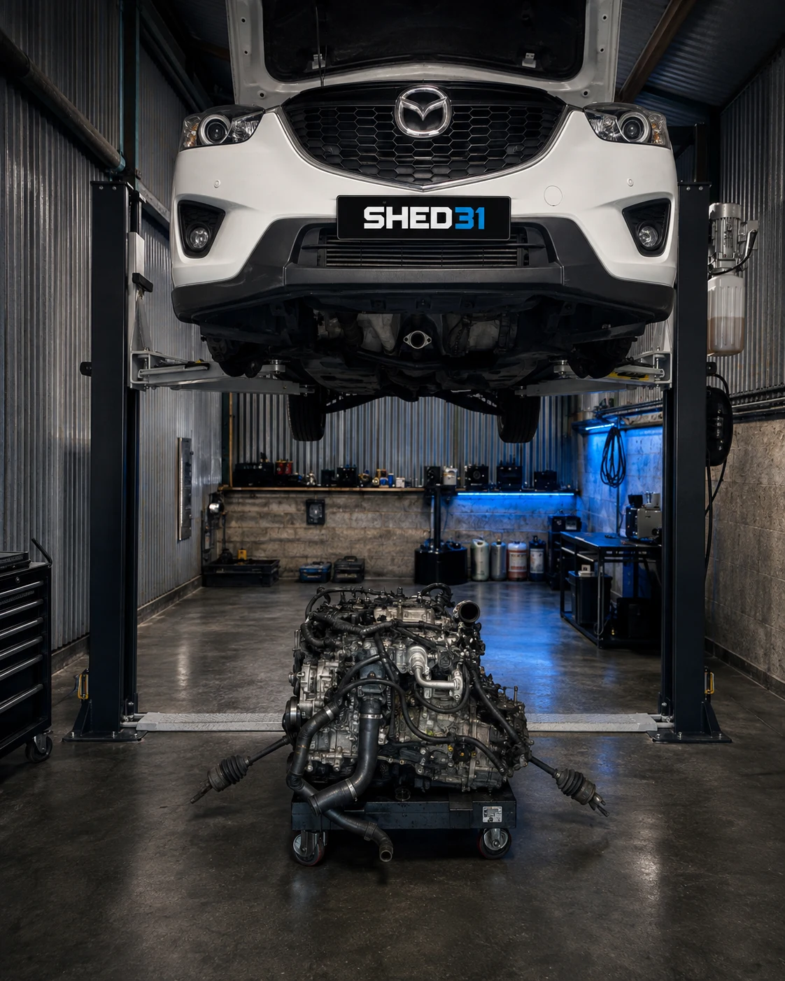 White Mazda in the Shed 31 workshop with the engine removed